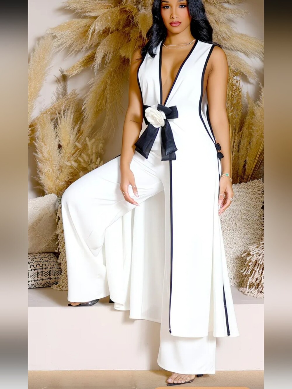 Elegant White Wide-Leg Jumpsuit with Black Trim